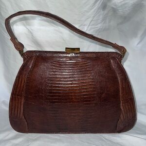 Vintage Brown Embossed Reptile Skin Leather Framed Handbag in Brown